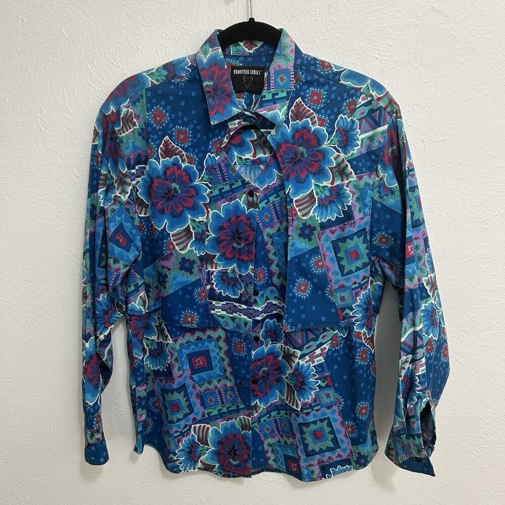 Vintage 90s Western Turquoise Southwest Aztec Shirt Sz‎ XL Cowgirl Rodeo Artsy